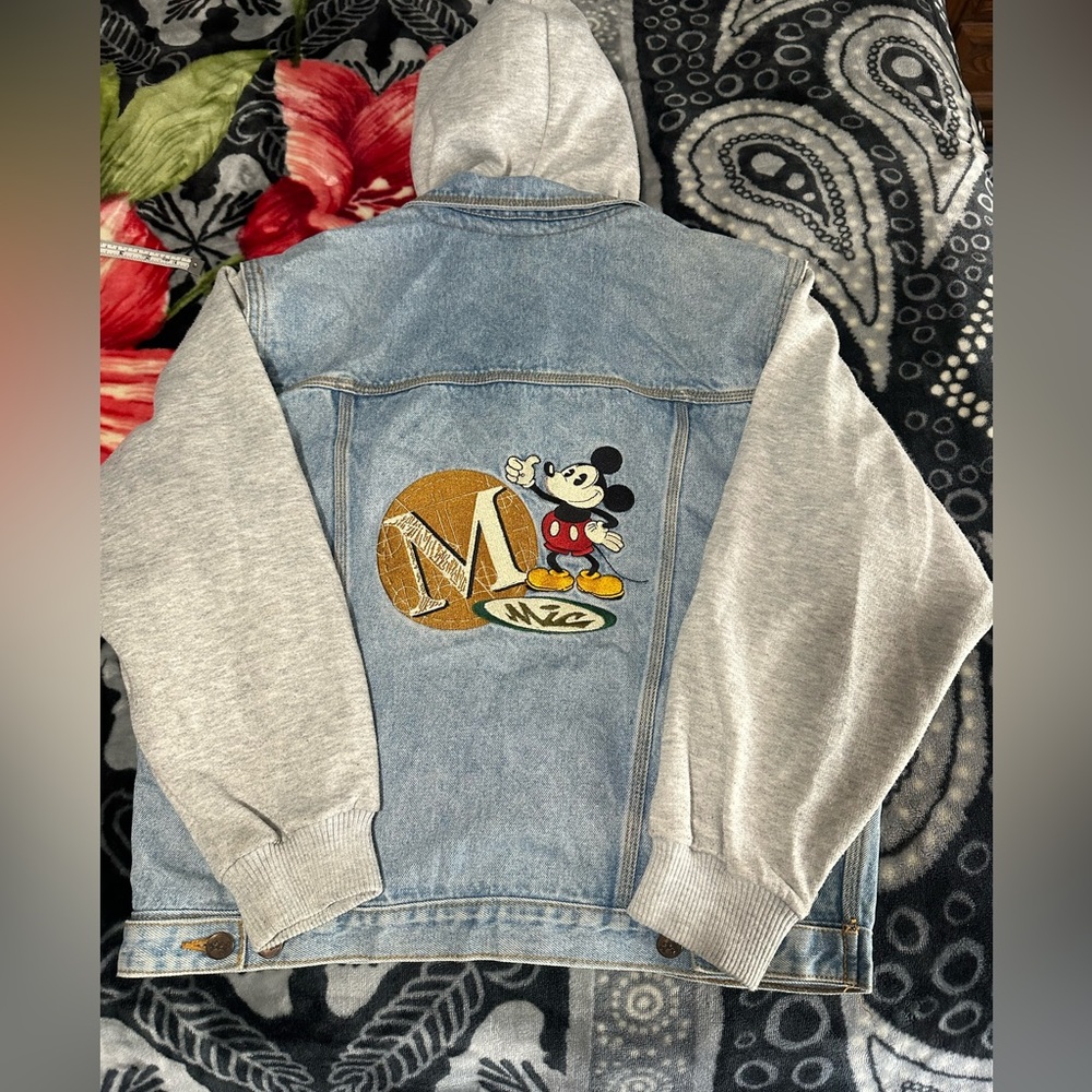 Disney Mickey Mouse Denim hoodie Jacket with Gray Sleeves